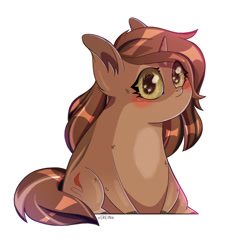 Size: 2000x2000 | Tagged: safe, artist:erein, oc, oc only, oc:maple leaf, pony, unicorn, big ears, big eyes, blushing, brown coat, brown mane, chibi, chubbie, commission, cute, ears up, eyeshadow, female, high res, horn, multicolored hair, simple background, solo, starry eyes, unicorn oc, white background, wingding eyes