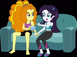 Size: 2048x1519 | Tagged: safe, artist:flamingdash, adagio dazzle, oc, oc:ardi, human, equestria girls, g4, barefoot, bikini, black background, bowl, canon x oc, clothes, couch, duo, eyeshadow, feet, female, food, holding hands, human oc, lesbian, lidded eyes, looking at each other, looking at someone, makeup, not rarity, open mouth, open smile, popcorn, shipping, simple background, sitting, slippers, smiling, smiling at each other, swimsuit