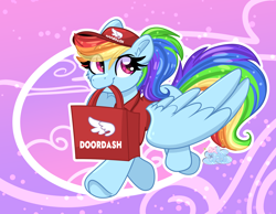 Size: 2182x1694 | Tagged: safe, artist:lbrcloud, rainbow dash, pegasus, pony, g4, bag, cap, cute, dashabetes, doordash, ear fluff, eye clipping through hair, eyebrows, eyebrows visible through hair, female, hat, looking at you, mare, mouth hold, pun, smiling, smiling at you, solo, underhoof, visual pun, wings
