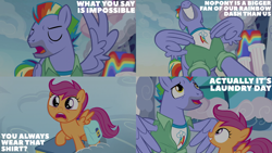 Size: 2000x1125 | Tagged: safe, edit, edited screencap, editor:quoterific, screencap, bow hothoof, scootaloo, g4, parental glideance, bag, clothes, saddle bag, shirt, wing hands, wings