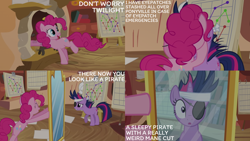 Size: 2000x1125 | Tagged: safe, edit, edited screencap, editor:quoterific, screencap, pinkie pie, twilight sparkle, earth pony, pony, unicorn, g4, it's about time, season 2, bandage, disguise, eyepatch, fireplace, golden oaks library, mirror, unicorn twilight