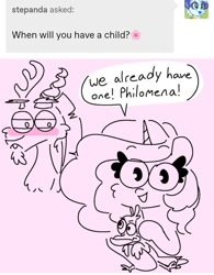 Size: 719x923 | Tagged: safe, artist:pigzfairy, discord, philomena, princess celestia, hybrid, g4, female, interspecies offspring, male, offspring, parent:discord, parent:princess celestia, parents:dislestia, question, screenshots, ship:dislestia, shipping, sketch, straight, tumblr