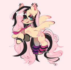 Size: 1600x1566 | Tagged: safe, artist:ritzjpeg, fluttershy, pegasus, pony, g4, :p, clothes, ear piercing, earring, emo, emoshy, eye clipping through hair, eyebrows, eyebrows visible through hair, female, fishnet stockings, jewelry, looking at you, mare, necktie, piercing, scene, signature, simple background, smiling, smiling at you, socks, solo, spiked wristband, spread wings, striped socks, tongue out, tongue piercing, wingding eyes, wings, wristband