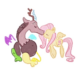 Size: 1080x1080 | Tagged: safe, artist:ella.doodles, discord, fluttershy, g4, antlers, crayon drawing, cuteness overload, female, flying, horn, kissing, male, ship:discoshy, shipping, simple background, straight, traditional art, white background