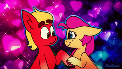 Size: 1368x770 | Tagged: safe, artist:princewhateverer, sprout cloverleaf, sunny starscout, earth pony, pony, g5, abstract background, braid, cute, duo, female, heart, looking at each other, looking at someone, love, male, mare, romance, romantic, ship:sunnyclover, shipping, smiling, sproutbetes, stallion, straight