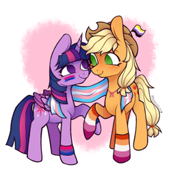 Size: 1200x1200 | Tagged: safe, artist:onionpwder, applejack, twilight sparkle, alicorn, earth pony, pony, g4, applejack's hat, bilight sparkle, bisexual pride flag, blushing, clothes, cowboy hat, cute, duo, eye contact, face paint, female, flag, folded wings, freckles, gender headcanon, hat, headcanon, heart, holding hooves, jackabetes, lesbian, lesbian pride flag, lgbt headcanon, looking at each other, looking at someone, mare, no pupils, nonbinary, nonbinary pride flag, pride, pride flag, pride socks, scarf, sexuality headcanon, shared clothing, shared scarf, ship:twijack, shipping, simple background, smiling, smiling at each other, socks, striped socks, t4t, trans applejack, trans female, trans twilight sparkle, transgender, transgender pride flag, twiabetes, twilight sparkle (alicorn), white background, wings, wristband