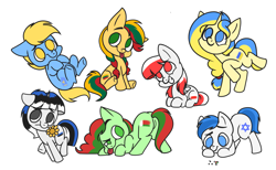 Size: 2957x1823 | Tagged: safe, artist:northglow, oc, oc:ukraine, earth pony, pegasus, pony, unicorn, base used, belarus, estonia, flower, horn, israel, kazakhstan, lithuania, looking at each other, looking at someone, looking up, lying, nation ponies, poland, ponified, simple background, sitting, smiling, ukraine, white background