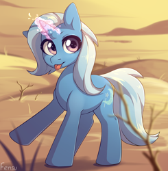 Size: 1962x2000 | Tagged: safe, artist:fensu-san, trixie, pony, unicorn, g4, :p, cute, desert, diatrixes, female, glowing, glowing horn, horn, looking at you, magic, magic aura, mare, outdoors, raised hoof, signature, silly, silly pony, smiling, smiling at you, solo, starry eyes, tongue out, wingding eyes