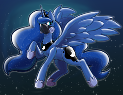 Size: 2184x1687 | Tagged: safe, artist:helixjack, princess luna, alicorn, original species, pony, rubber pony, g4, abstract background, crown, female, gas mask, hoof shoes, jewelry, latex, latex suit, mare, mask, peytral, princess shoes, raised hoof, regalia, rubber, wings