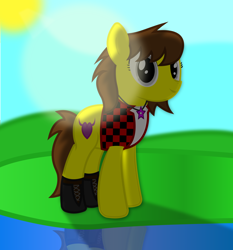 Size: 1400x1505 | Tagged: safe, artist:cardshark777, oc, oc only, oc:liz (cardshark777), earth pony, alone, boots, clothes, female, horn, horn ring, jacket, jewelry, lens flare, mare, necklace, redesign, reflection, ring, shading, shoes, smiling, solo, standing, sun, water, white shirt