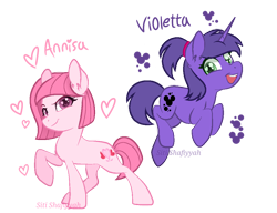 Size: 984x755 | Tagged: safe, artist:cosmosartist-188, artist:muhammad yunus, oc, oc only, oc:annisa trihapsari, oc:violetta cuddles belle, alicorn, earth pony, pony, unicorn, base used, duo, duo female, earth pony oc, female, happy, heart, hidden mickey, horn, ibispaint x, looking at you, mare, name, open mouth, open smile, ponytail, simple background, smiling, smiling at you, transparent background, unicorn oc, watermark