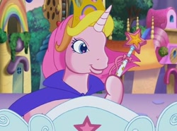 Size: 604x449 | Tagged: safe, screencap, rarity (g3), pony, unicorn, g3, the runaway rainbow, cape, clothes, crown, grin, horn, jewelry, regalia, smiling, wand