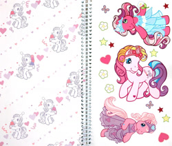 Size: 1276x1080 | Tagged: safe, artist:lyn fletcher, egmont, cheerilee (g3), pinkie pie (g3), rainbow dash (g3), rarity (g3), scootaloo (g3), toola-roola, earth pony, g3, official, book, clothes, confetti, dress, flower, food, hat, heart, ice cream, jewelry, looking at you, looking away, page, party hat, scan, smiling, smiling at you, standing, tiara