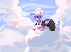 Size: 3600x2654 | Tagged: safe, artist:twinkling, oc, pegasus, pony, clothes, cloud, heterochromia, high res, maid, on a cloud, pegasus oc, solo