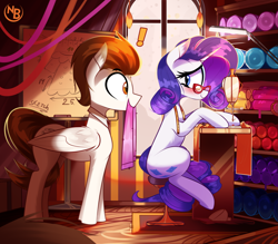 Size: 4531x3968 | Tagged: safe, artist:nevobaster, rarity, oc, oc:rml, pegasus, pony, unicorn, g4, canon x oc, carpet, chair, clothes, duo, duo male and female, eyeshadow, female, fire, folded wings, glasses, horn, lamp, lidded eyes, looking at each other, looking at someone, makeup, male, mare, not rocky riff, pegasus oc, scarf, sewing, sewing machine, sitting, slippers, snow, snowfall, stallion, straight, tired, wings, working