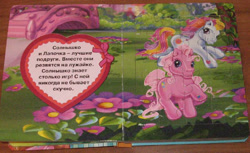 Size: 800x488 | Tagged: safe, egmont, pinkie pie (g3), sunny daze (g3), earth pony, pony, g3, official, book, bridge, cyrillic, flower, heart, jigsaw puzzle, looking at you, photo, raised hoof, ribbon, running, russian, smiling, smiling at you, translated in the description