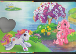 Size: 800x572 | Tagged: safe, egmont, pinkie pie (g3), sunny daze (g3), earth pony, pony, g3, official, book, flower, heart, jigsaw puzzle, lake, looking at you, merchandise, mushroom, page, running, scan, smiling, smiling at you, standing, tree, water, waterlily