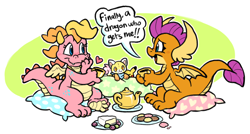 Size: 1964x1053 | Tagged: safe, artist:raystarkitty, smolder, dragon, pikachu, g4, blushing, cake, cassie (dragon tales), cookie, crossover, cup, cute, dialogue, dragon tales, dragoness, duo, duo female, female, food, heart, open mouth, open smile, pillow, plushie, pokémon, sitting, smiling, smolderbetes, tea, tea party, teacup, teapot