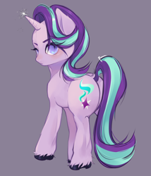Size: 2400x2800 | Tagged: safe, artist:suracao, starlight glimmer, pony, unicorn, g4, butt, female, glimmer glutes, gray background, high res, horn, looking at you, looking back, looking back at you, mare, plot, simple background, solo, starlight glimmer day, unshorn fetlocks