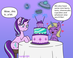 Size: 2269x1808 | Tagged: safe, artist:hayley566, starlight glimmer, oc, oc:hay meadow, pony, unicorn, best pony, blushing, cake, cupcake, cute, duo, duo female, eyes closed, female, food, glowing, glowing horn, gradient background, heart, horn, levitation, magic, mare, open mouth, pie, plate, starlight glimmer day, stool, table, tablecloth, telekinesis