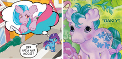 Size: 447x217 | Tagged: safe, idw, official comic, misty brightdawn, oakly, moose, unicorn, g1, g5, my little pony: mane event, my little pony: tell your tale, official, spoiler:comic, spoiler:g5, 2d, horn, looking at you, looking away, rebirth misty, reference, ribbon, smiling