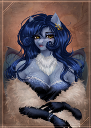 Size: 1000x1400 | Tagged: safe, artist:alicesmitt31, oc, oc only, oc:tundra, anthro, bracelet, breasts, cleavage, clothes, dress, evening gloves, female, gloves, jewelry, long gloves, solo