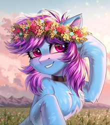 Size: 1901x2160 | Tagged: safe, artist:hakaina, oc, oc only, oc:nohra, earth pony, pony, concave belly, cute, field, floral head wreath, flower, human shoulders, mountain, scenery