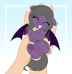 Size: 4822x5000 | Tagged: safe, artist:jhayarr23, oc, oc:eerie shrine, bat pony, human, pony, bat pony oc, bat wings, cute, cute little fangs, eyes closed, fangs, female, gradient background, hand, happy, holding a pony, holding on, in goliath's palm, size difference, small pony, wings