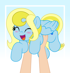 Size: 4822x5000 | Tagged: safe, artist:jhayarr23, oc, oc:porcelain wave, human, pegasus, pony, absurd resolution, blushing, cute, eyelashes, eyes closed, female, gradient background, hand, happy, holding a pony, mare, offscreen character, pegasus oc