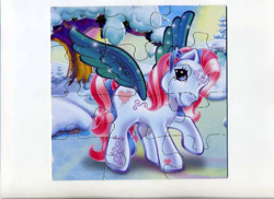 Size: 800x581 | Tagged: safe, egmont, star catcher, pegasus, pony, g3, official, book, ice, jigsaw puzzle, looking at you, merchandise, puzzle, raised hoof, scan, smiling, smiling at you, snow, standing, tree