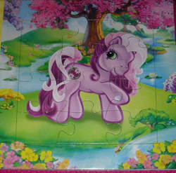 Size: 800x791 | Tagged: safe, egmont, flower garland (g3), earth pony, pony, g3, official, 2d, book, flower, jigsaw puzzle, lake, looking at you, page, photo, puzzle, raised hoof, smiling, smiling at you, standing, tree, water, waterlily