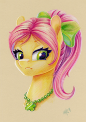 Size: 848x1200 | Tagged: safe, artist:maytee, posey bloom, earth pony, pony, g5, angry, bow, bust, colored pencil drawing, female, hair bow, jewelry, looking at you, mare, necklace, ponytail, portrait, posey bloom is not amused, scowl, simple background, solo, traditional art, unamused