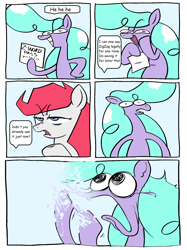 Size: 1492x2000 | Tagged: safe, artist:swagstapiece, derpibooru exclusive, oc, oc only, oc:be, oc:foamy bubblestarter, pegasus, pony, comic, dissolving, grin, panic, smiling, speech bubble, text