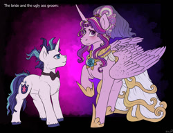 Size: 1093x840 | Tagged: safe, artist:binibean, princess cadance, shining armor, alicorn, pony, unicorn, g4, abstract background, alternate hairstyle, blushing, bowtie, clothes, dress, female, height difference, horn, male, mare, meme, messy mane, ship:shiningcadance, shipping, stallion, straight, the bride and the ugly ass groom, wedding dress