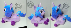Size: 3784x1512 | Tagged: safe, artist:lnzz, izzy moonbow, pony, unicorn, g5, spoiler:comic, spoiler:g5, female, horn, irl, lying down, mare, multiple views, photo, plushie, prone, solo