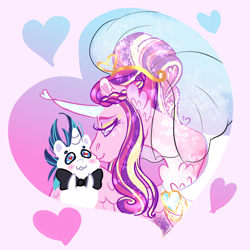 Size: 1000x1000 | Tagged: safe, artist:miyalaflordorada, princess cadance, shining armor, alicorn, pony, unicorn, g4, alternate hairstyle, bowtie, cheek kiss, chest fluff, clothes, dress, duo, duo male and female, female, hair bun, heart, heart eyes, horn, kissing, larger female, male, mare, meme, pink background, ship:shiningcadance, shipping, simple background, size difference, smaller male, smol, stallion, straight, the bride and the ugly ass groom, veil, wedding dress, wedding veil, wingding eyes