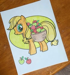 Size: 647x695 | Tagged: safe, artist:lullapiies, applejack, earth pony, pony, g4, apple, basket, food, solo, traditional art