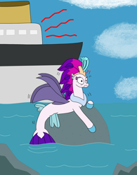 Size: 2448x3144 | Tagged: safe, artist:supahdonarudo, queen novo, seapony (g4), g4, my little pony: the movie, boat, cloud, crown, cruise ship, dorsal fin, emanata, exclamation point, fin, fin wings, fins, fish tail, floppy ears, interrobang, jewelry, lying down, ocean, peytral, prone, question mark, regalia, rock, shaking, startled, tail, water, wings