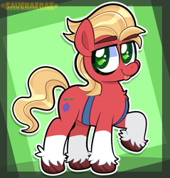 Size: 1033x1080 | Tagged: safe, artist:saveraedae, sprout cloverleaf, earth pony, pony, g5, :p, chest fluff, cute, green background, green eyes, looking at you, male, raised hoof, red fur, sash, simple background, smiling, smiling at you, solo, sproutbetes, stallion, tongue out, unshorn fetlocks, white fur, yellow mane