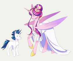 Size: 2980x2480 | Tagged: source needed, safe, artist:cubifiedcherry, princess cadance, shining armor, alicorn, pony, unicorn, a canterlot wedding, g4, alternate hairstyle, colored wings, concave belly, female, gradient wings, gray background, height difference, horn, horn ring, large wings, long bangs, male, mare, meme, partially open wings, ring, ship:shiningcadance, shipping, simple background, size difference, slender, smaller male, stallion, straight, the bride and the ugly ass groom, thin, wings