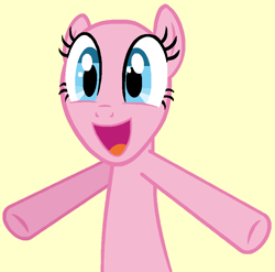 Size: 831x820 | Tagged: safe, artist:ameliagirls53, earth pony, pony, g4, season 1, the best night ever, bald, base, bipedal, bouncing, cheerful, excited, eyelashes, female, happy, joyful, jumping, mare, open mouth, open smile, simple background, smiling, solo, tan background