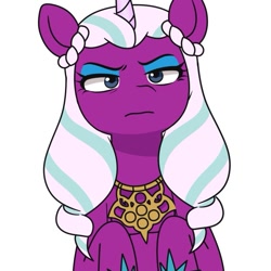 Size: 837x837 | Tagged: safe, artist:makaryo, opaline arcana, alicorn, pony, g5, my little pony: tell your tale, bust, eyeshadow, female, full face view, hooves to the chest, looking at you, makeup, mare, opaline arcana is not amused, peytral, simple background, solo, unamused, white background