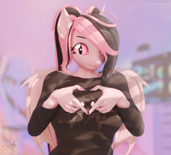 Size: 3576x3240 | Tagged: safe, artist:riizatensely, oc, oc only, oc:lulu, bat pony, anthro, plantigrade anthro, 3d, bat pony oc, big breasts, blender, breasts, commission, cute, female, heart hands, looking at you, mare, solo, wide hips, wings