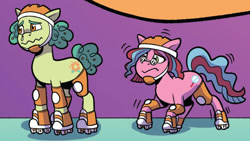 Size: 1054x595 | Tagged: safe, artist:natalie haines, idw, official comic, oopsie daisy, sniffles (g5), earth pony, pony, g5, kenbucky roller derby #2, my little pony: kenbucky roller derby, spoiler:comic, spoiler:g5comic, cropped, duo, emanata, female, glasses, helmet, knee pads, male, mare, nervous, roller skates, runny nose, skates, stallion