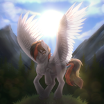 Size: 3000x3000 | Tagged: safe, artist:enderbee, oc, oc:primaryforce, pegasus, pony, forest, full body, high res, looking at you, male, mountain, nature, scenery, sky, smiling, smiling at you, solo, spread wings, stallion, sun, tree, wings