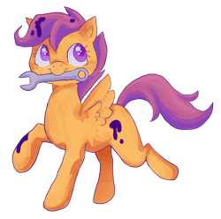 Size: 866x858 | Tagged: safe, artist:teochronico, scootaloo, pegasus, pony, g4, missing cutie mark, mouth hold, oil, simple background, solo, transparent background, wrench