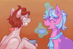 Size: 1600x1083 | Tagged: safe, artist:teochronico, oc, pegasus, pony, unicorn, cup, duo, gradient background, horn, magic, open mouth, open smile, pegasus oc, smiling, teacup, unicorn oc