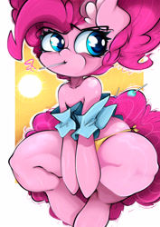 Size: 2894x4093 | Tagged: safe, artist:ahekao, pinkie pie, earth pony, pony, semi-anthro, g4, blue eyes, candy, clothes, cute, ear fluff, eyelashes, female, feral, food, mare, older, older pinkie pie, panties, question mark, solo, thighs, underwear