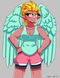 Size: 2975x3850 | Tagged: safe, artist:mylittleyuri, lightning dust, human, g4, blushing, breasts, clothes, ear piercing, earring, elf ears, female, gray background, humanized, jewelry, nail polish, piercing, shorts, simple background, solo, sports shorts, tank top, winged humanization, wings