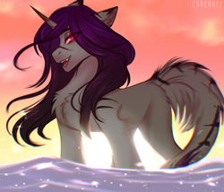 Size: 2800x2400 | Tagged: safe, artist:enderbee, oc, oc:enderbee, pony, unicorn, chest fluff, ear fluff, female, high res, horn, mare, ocean, purple hair, smiling, solo, sun, sunset, tail, tail fluff, water